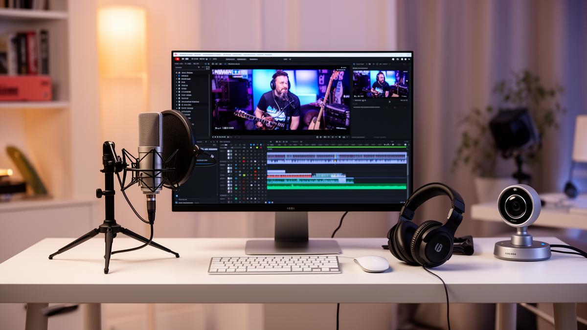 Professional YouTube commentary video setup with microphone, monitor, and editing software