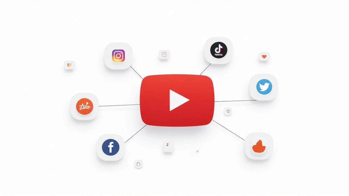 YouTube logo connected to social media platforms including Instagram, Facebook, TikTok, and Twitter in a network diagram